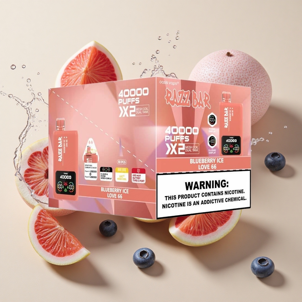 Razz Bar 40000 Puffs Mėlynųjų Uogų Ledas_Love 66 su 650 mAh baterija