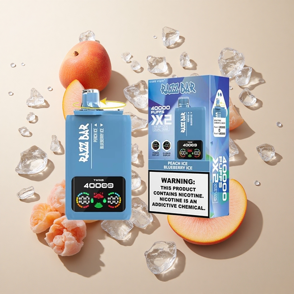 Razz Bar 40000 Puffs Persikų Ledas/Mėlynųjų Serbentų Ledas su 650 mAh baterija ir Type-C jungtimi
