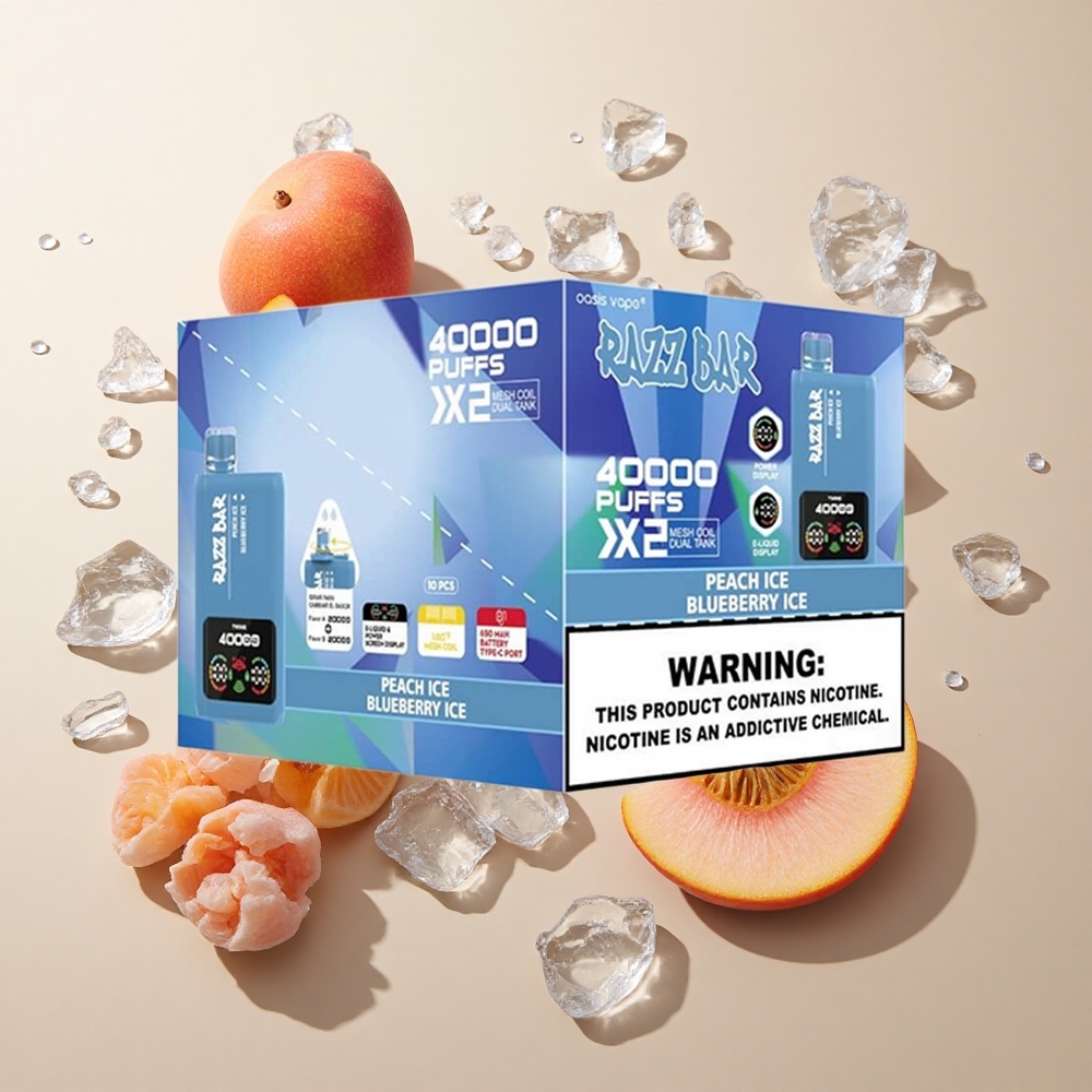 Razz Bar 40000 Puffs Persikų Ledas/Mėlynųjų Serbentų Ledas su 650 mAh baterija ir Type-C jungtimi