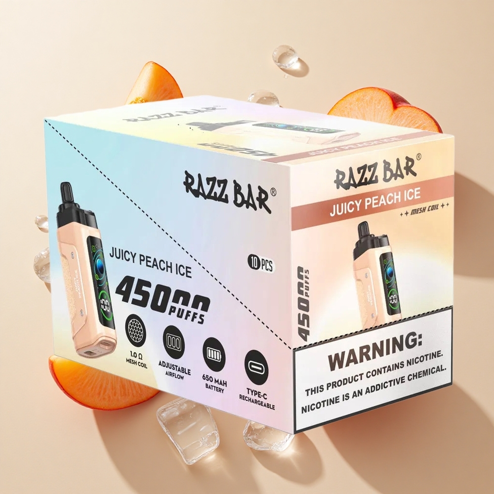 Razz Bar 45000 Puffs Sultingas Persikas Su Ledu iki 45000 užsispyrusių 1,0 Omų Tinklelio Apvija