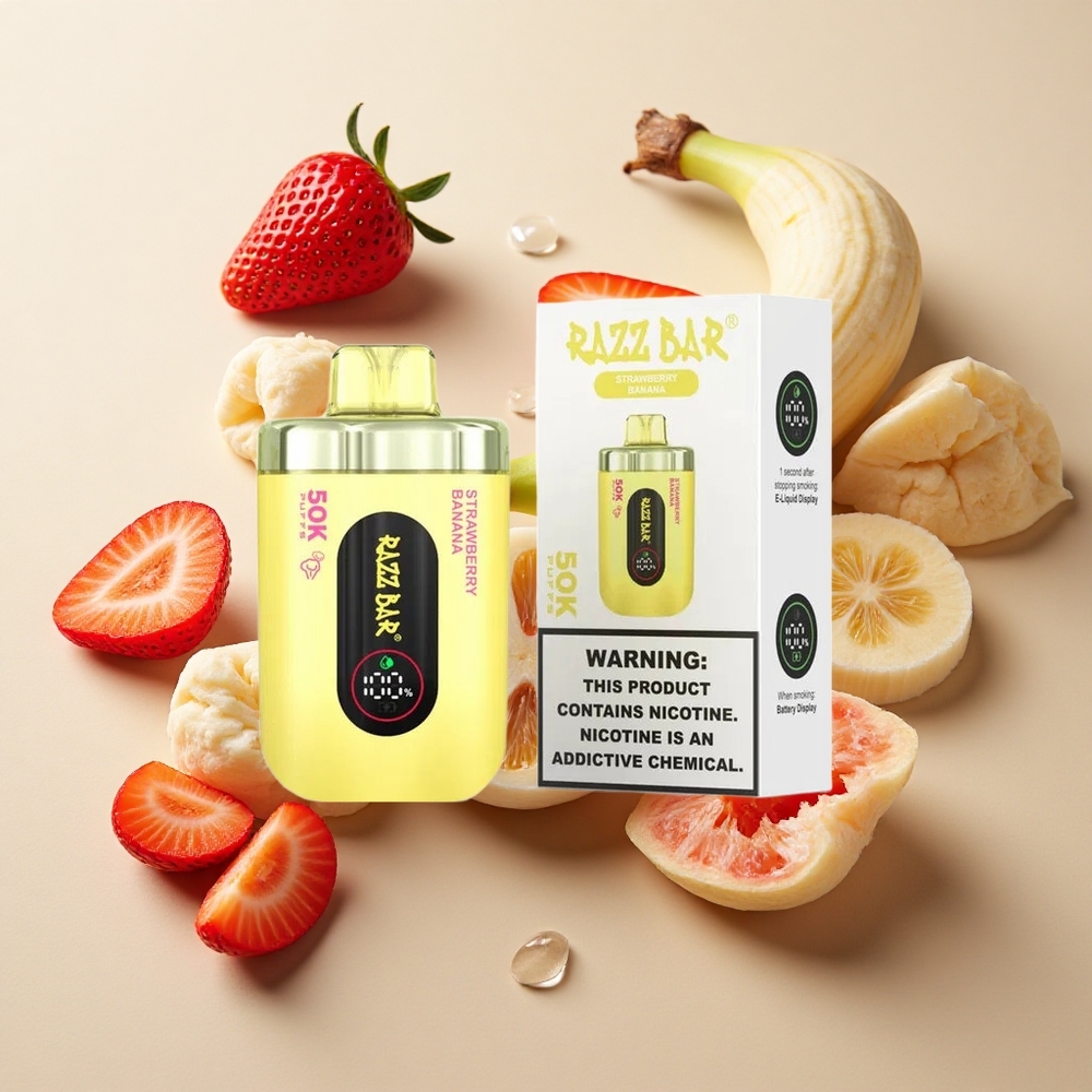Razz Bar 50K Puffs Braškė Bananas Vienkartinės elektroninės cigaretės su 1,0 Omų Tinklelinė Apvija ir 650 mAh Baterija