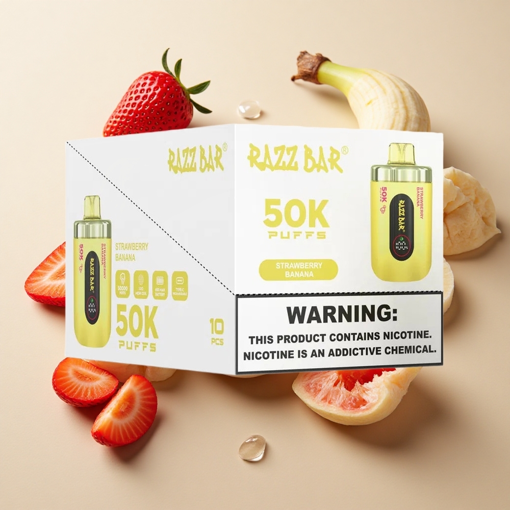 Razz Bar 50K Puffs Braškė Bananas Vienkartinės elektroninės cigaretės su 1,0 Omų Tinklelinė Apvija ir 650 mAh Baterija