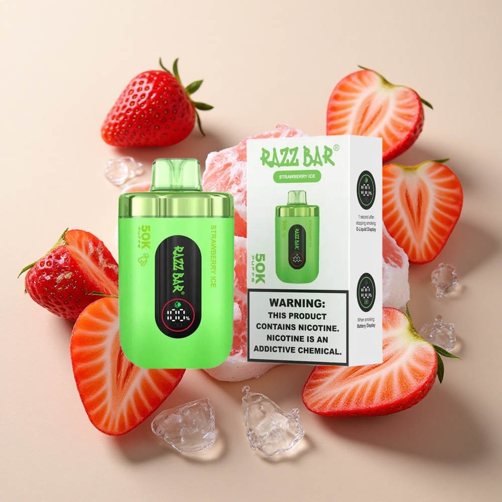 Razz Bar 50K Puffs Braškinių ledų su 1,0 Ohm Tinklelio Apviju ir 650 mAh Baterija