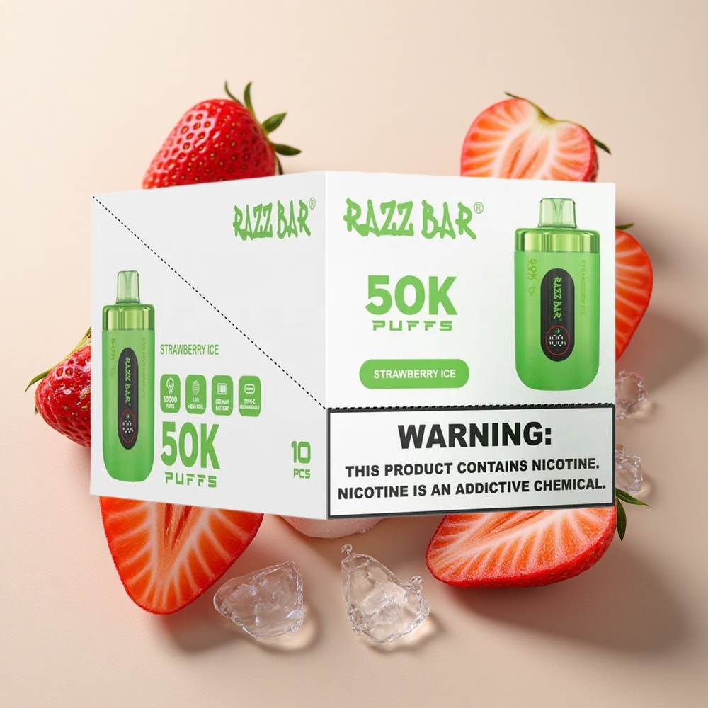 Razz Bar 50K Puffs Braškinių ledų su 1,0 Ohm Tinklelio Apviju ir 650 mAh Baterija