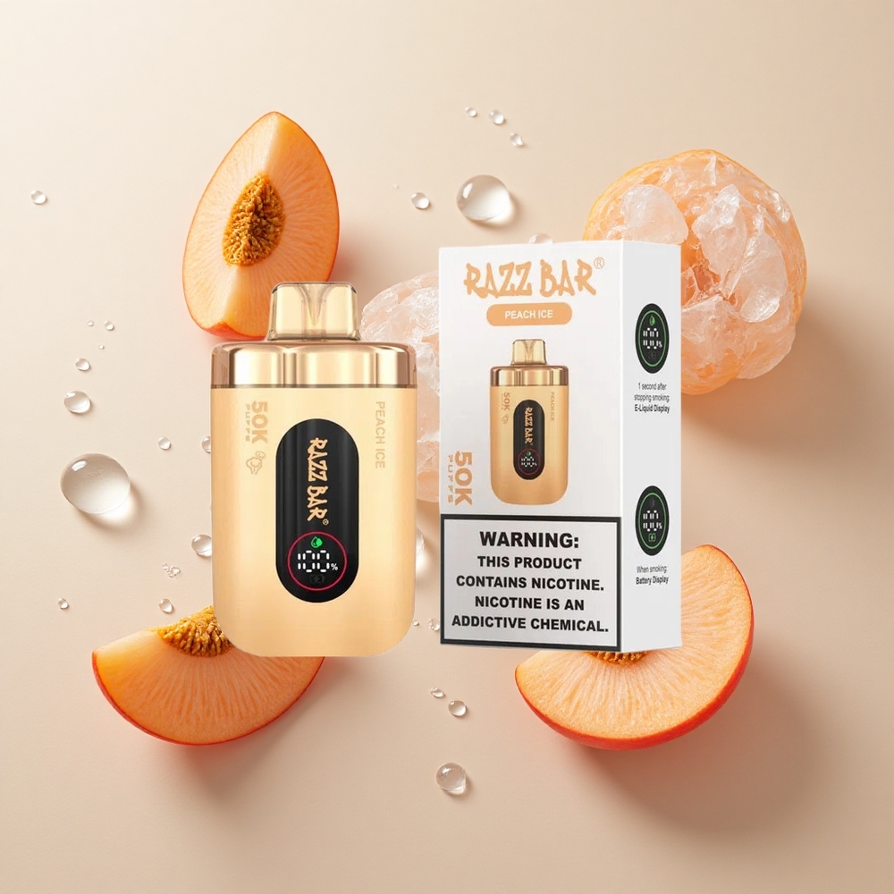 Razz Bar 50K Puffs Persikų Ledas su 650 mAh Baterija ir Type-C Įkrovimu