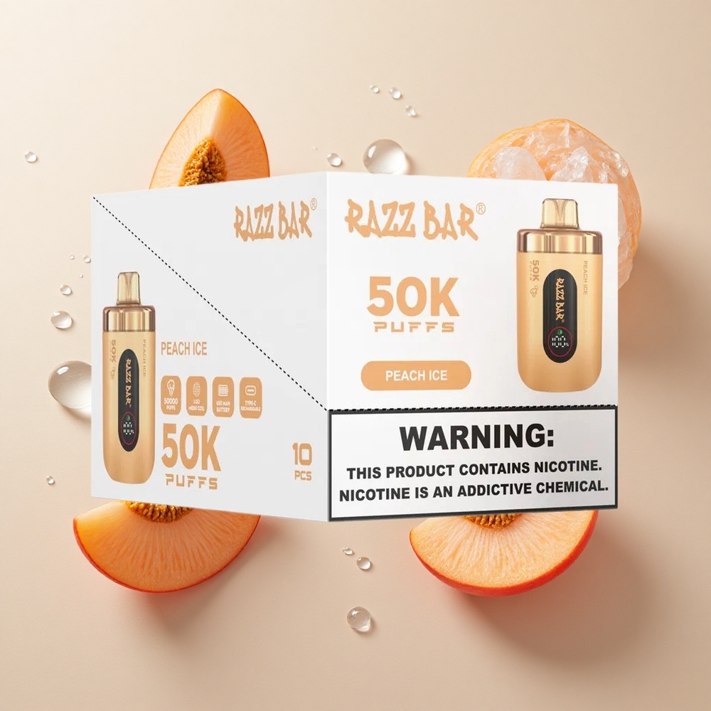 Razz Bar 50K Puffs Persikų Ledas su 650 mAh Baterija ir Type-C Įkrovimu