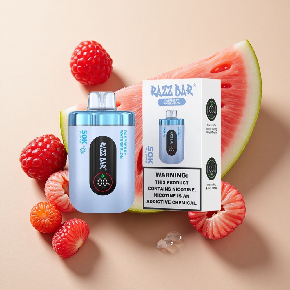 Razz Bar 50K Puffs Vienkartinės elektroninės cigaretės Avietės Arbūzas su 650 mAh Baterija ir Type-C Įkrovimu