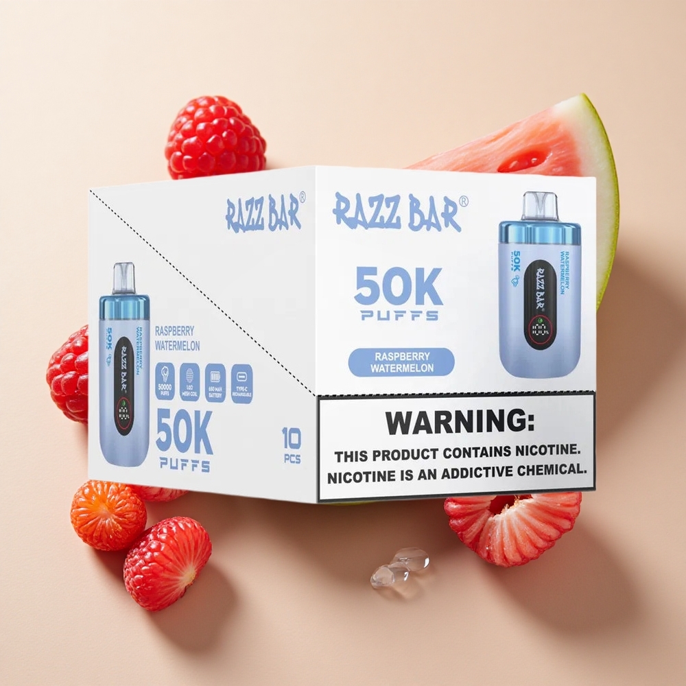 Razz Bar 50K Puffs Vienkartinės elektroninės cigaretės Avietės Arbūzas su 650 mAh Baterija ir Type-C Įkrovimu