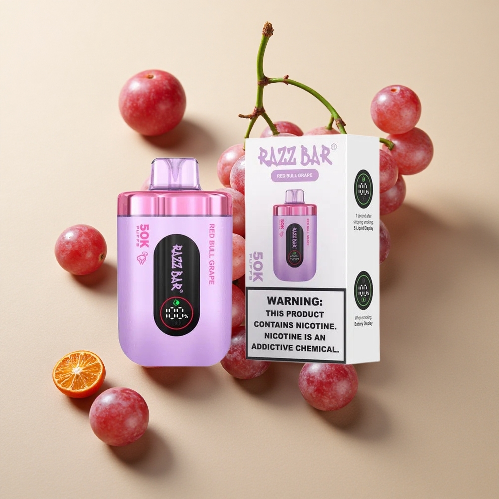 Razz Bar 50K Puffs Vienkartinės elektroninės cigaretės Raudonojo Buliaus Vynuogė su 650 mAh Baterija ir Type-C Įkrovimu
