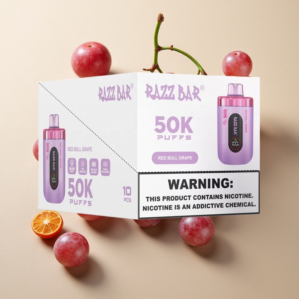 Razz Bar 50K Puffs Vienkartinės elektroninės cigaretės Raudonojo Buliaus Vynuogė su 650 mAh Baterija ir Type-C Įkrovimu