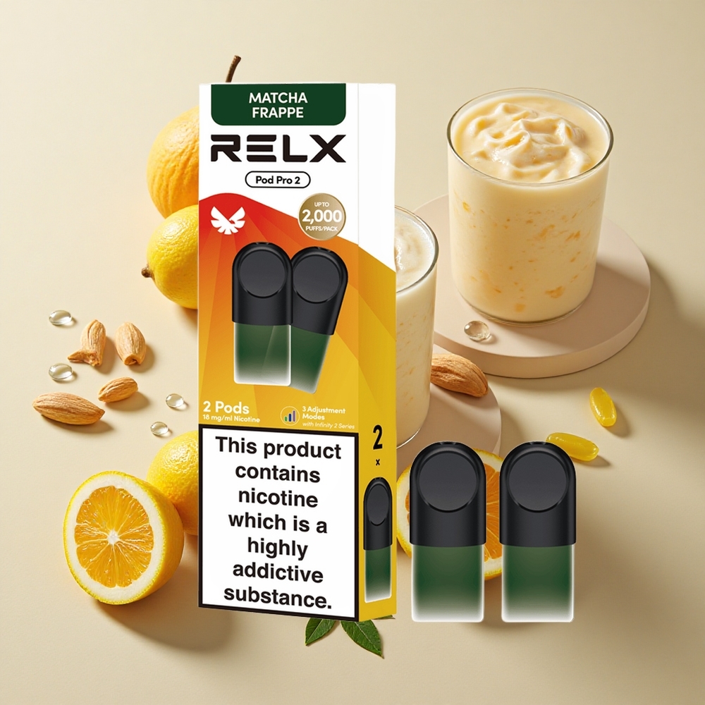 RELX Pod Pro 2 600 Puffs Arbata-Matcha Frappe Nikotino kiekis: 1,8 %
