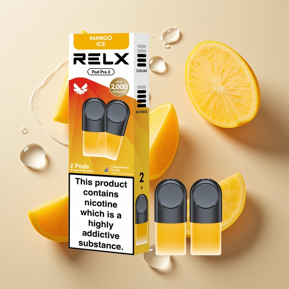 RELX Pod Pro 2 600 Puffs ir Mango Ledas skoniu (Nikotino kiekis: 1,8 %)