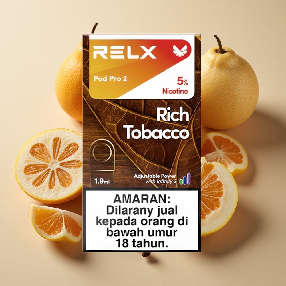 RELX Pod Pro 2 600 Puffs ir turtingu tabako skoniu (Riči Tabakas), 5% nikotino